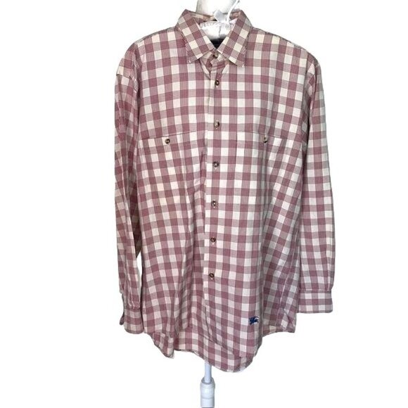 Burberrys Shirt Mens Medium M Vintage Red White Long Sleeve Cotton Knight Logo